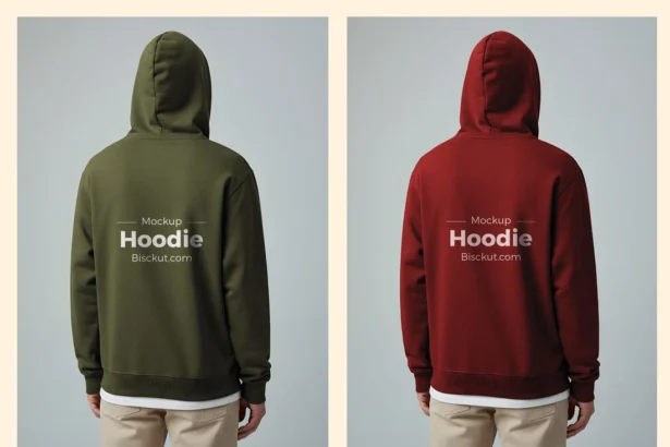 Back view hoodie mockup in olive green and maroon colors, worn by a model, with editable design on the back.