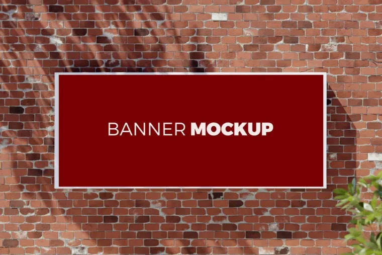 Free PSD banner mockup with red background for promotional designs.