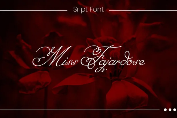 Elegant red-themed preview of Miss Fajardose script font with decorative calligraphy text and floral background