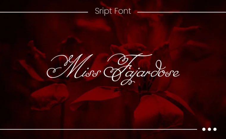 Elegant red-themed preview of Miss Fajardose script font with decorative calligraphy text and floral background