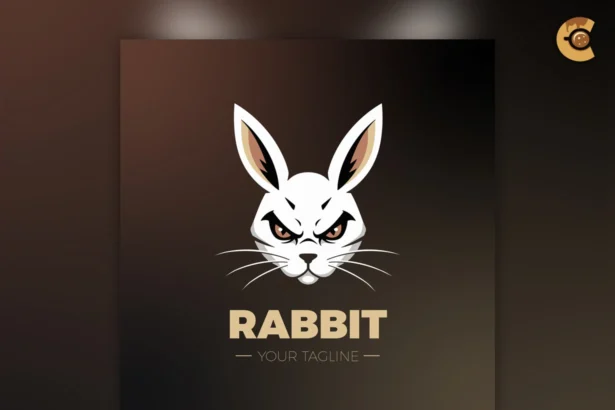 White rabbit logo with fierce expression on dark background — modern animal logo template design