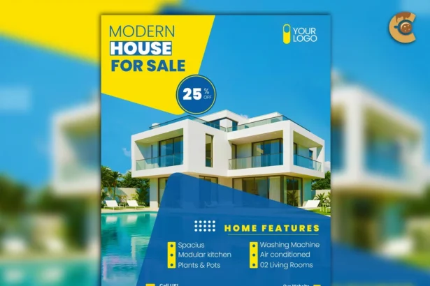 Modern real estate sale flyer template with home photo, features list, contact info, and bold 25% discount offer.