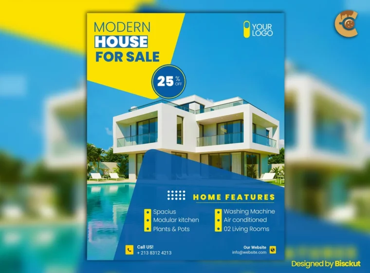 Modern real estate sale flyer template with home photo, features list, contact info, and bold 25% discount offer.