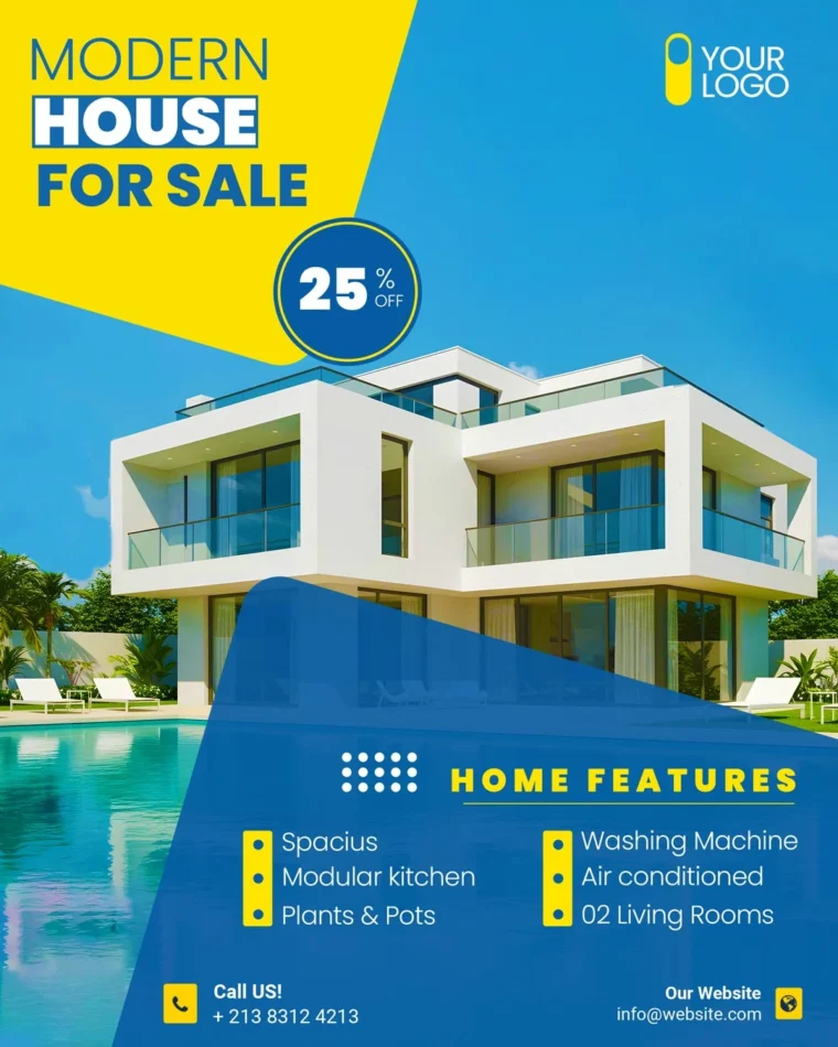 Modern real estate flyer showcasing a luxury house, vibrant design, key home features, and 25% discount badge.