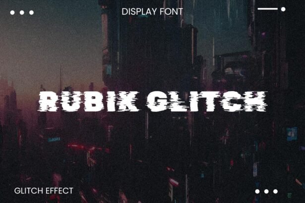Rubik Glitch display font with a bold, distorted glitch effect over a dark cyberpunk city background.