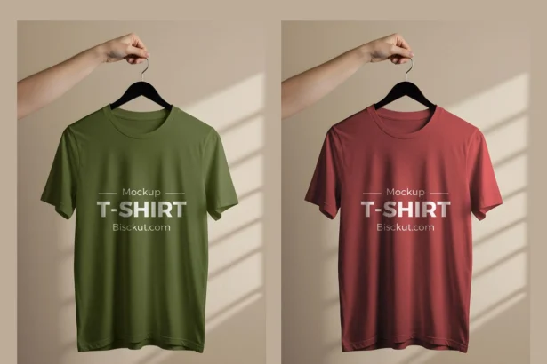 Realistic T-shirt mockup with green and red shirts on hangers, ideal for showcasing custom apparel designs and branding.