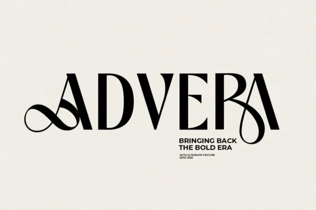 Advera bold display font with stylized ligatures and sweeping alternates in retro layout