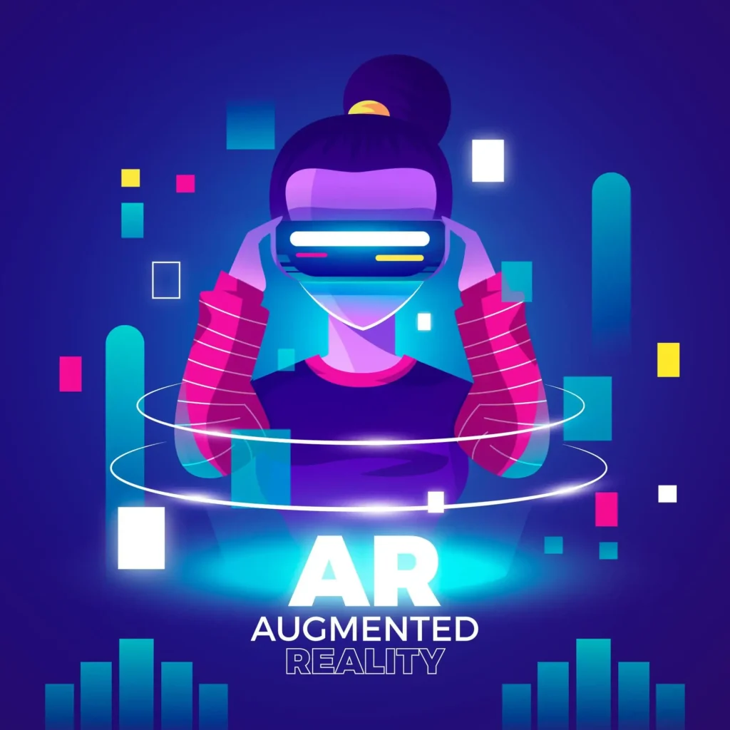 AR in graphic design with colorful abstract elements and mobile interaction.