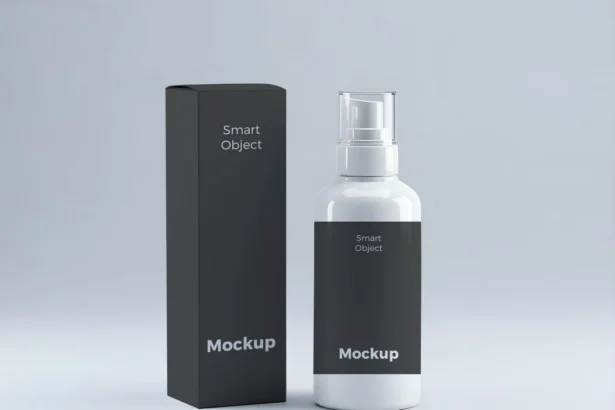 Grey cosmetic serum bottle and box mockup on white background, perfect for skincare and product packaging presentations.