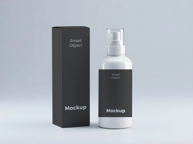 Grey cosmetic serum bottle and box mockup on white background, perfect for skincare and product packaging presentations.