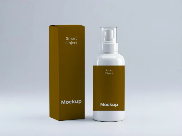 Brown cosmetic serum bottle and box mockup on white background, ideal for skincare and beauty product packaging showcases.