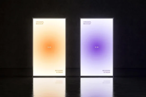 Glowing 9:16 digital screens mockup with modern orange and purple gradients on dark background