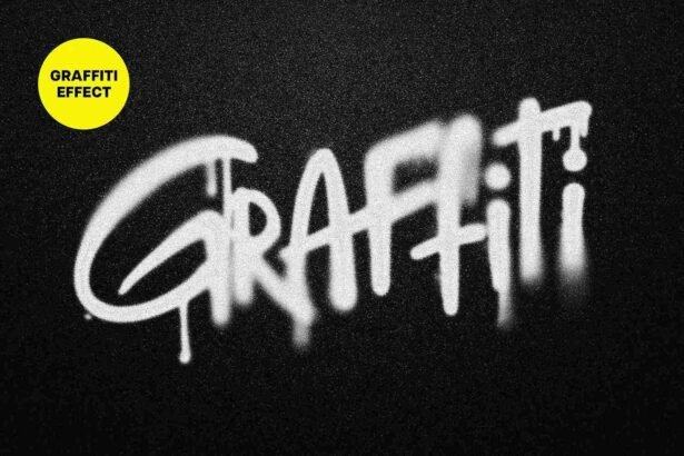 Graffiti painted text effect with spray-paint style on black wall background for street art and urban design.