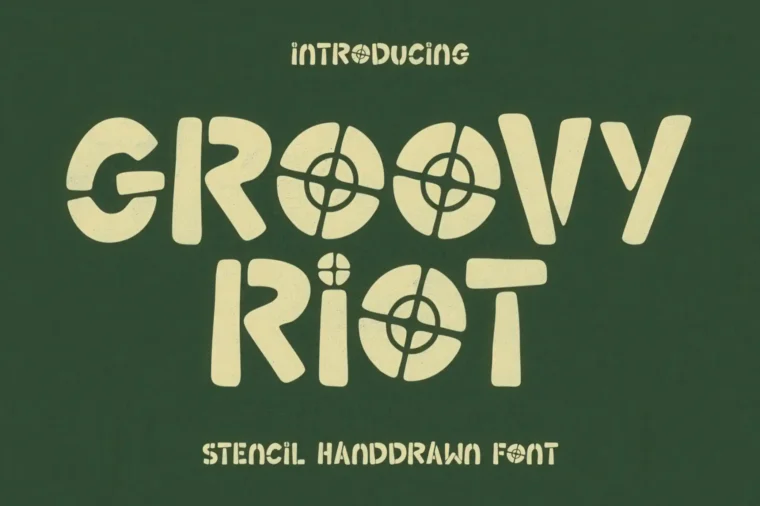 Groovy Riot stencil handdrawn font with retro bold letters, ideal for posters, album covers, and vintage designs