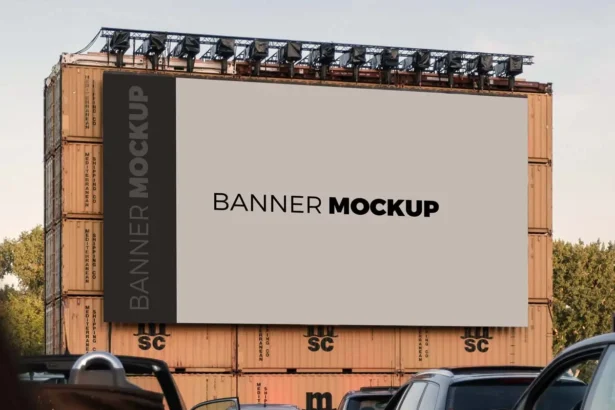 Outdoor Banner mockup mounted on stacked shipping containers with parked cars in foreground and trees in background.