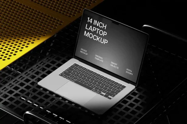 MacBook Pro 14 mockup on metal grid surface with screen displaying template details and resolution info.