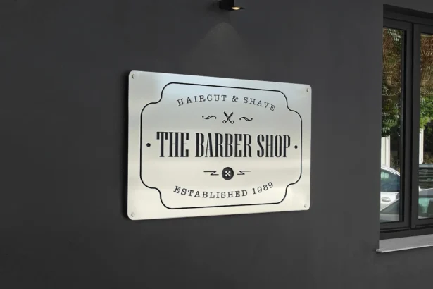 Metal storefront sign mockup for barbershop branding, mounted on a dark wall with realistic lighting and shadows.