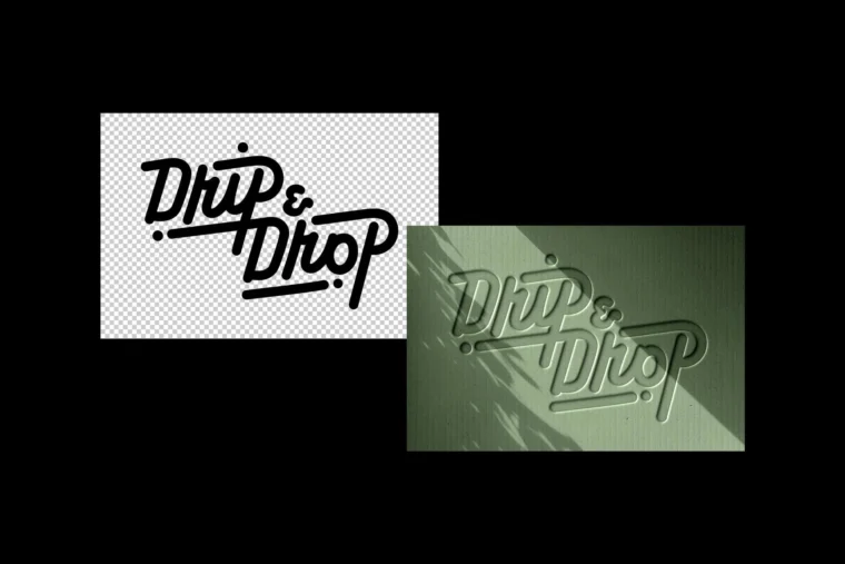Cardboard logo mockup showing before and after debossed effect on textured paper