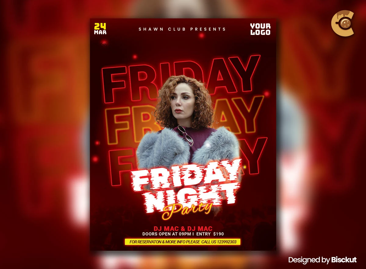 Free Event Party Flyer Template PSD | Bisckut Vibrant Event Party Flyer Template PSD with bold text, model photo, and neon background.