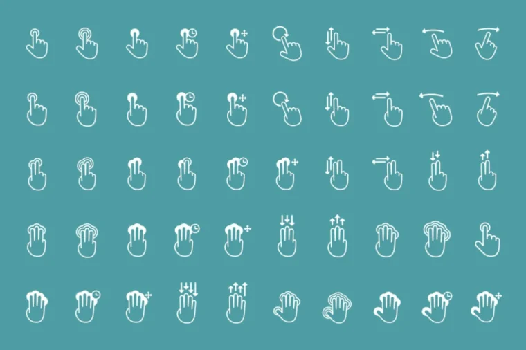 Touch gesture icons pack for mobile UI and tutorials, free in multiple editable formats.