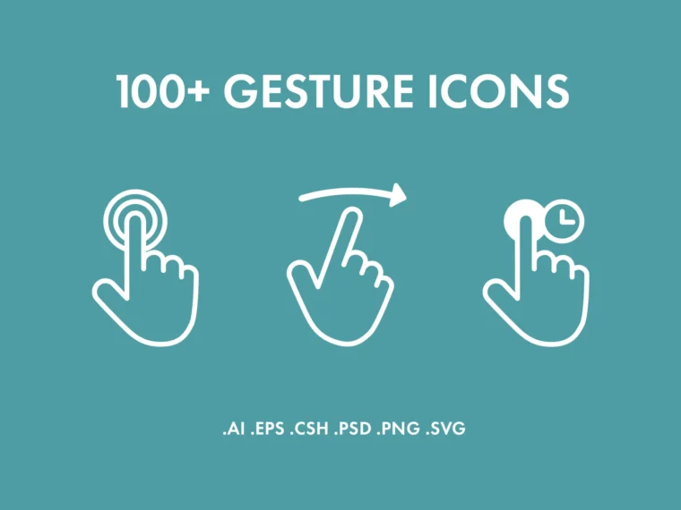 Free 100+ touch gesture icons for UI/UX design, available in CSH, SVG, PSD, PNG, AI, and EPS formats.