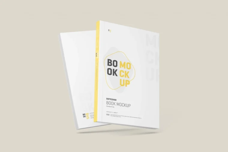 Minimalist A4 softcover book mockup with custom cover design displayed in a clean setting.
