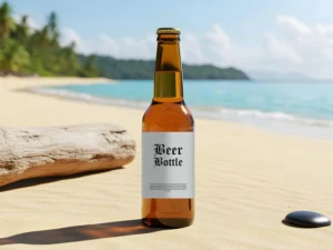 Free Beer Bottle Mockup PSD on Beach – Editable Label, Photo-Realistic, for Commercial Use