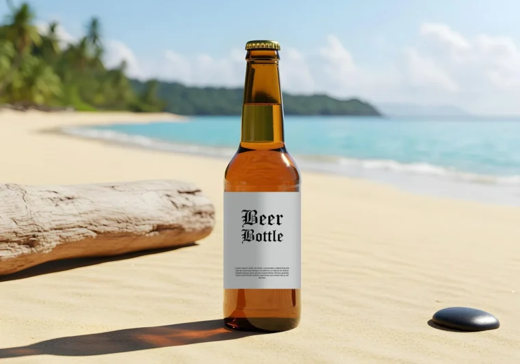 Free Beer Bottle Mockup PSD on Beach – Editable Label, Photo-Realistic, for Commercial Use