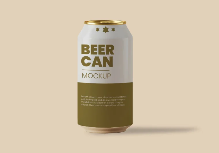 Free PSD mockup of a brown beer or soda can with editable design, color, and background.