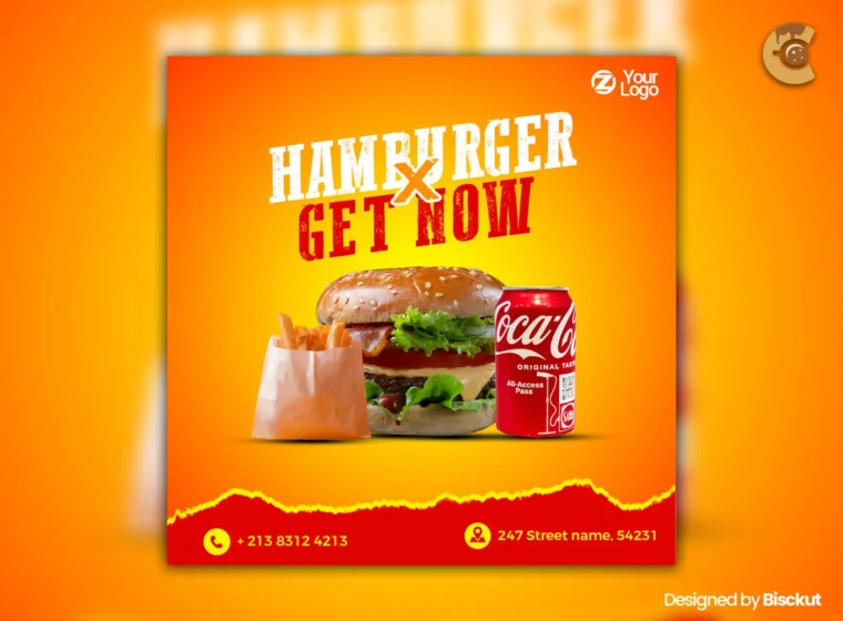 Editable burger poster PSD template with bold text and delicious burger image for restaurant promotions.