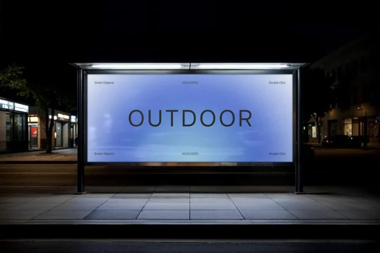 Free bus stop billboard mockup PSD with streetlight glow