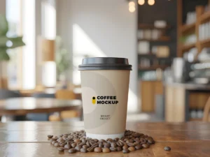 Coffee paper cup mockup on wooden table with beans in a cozy café scene