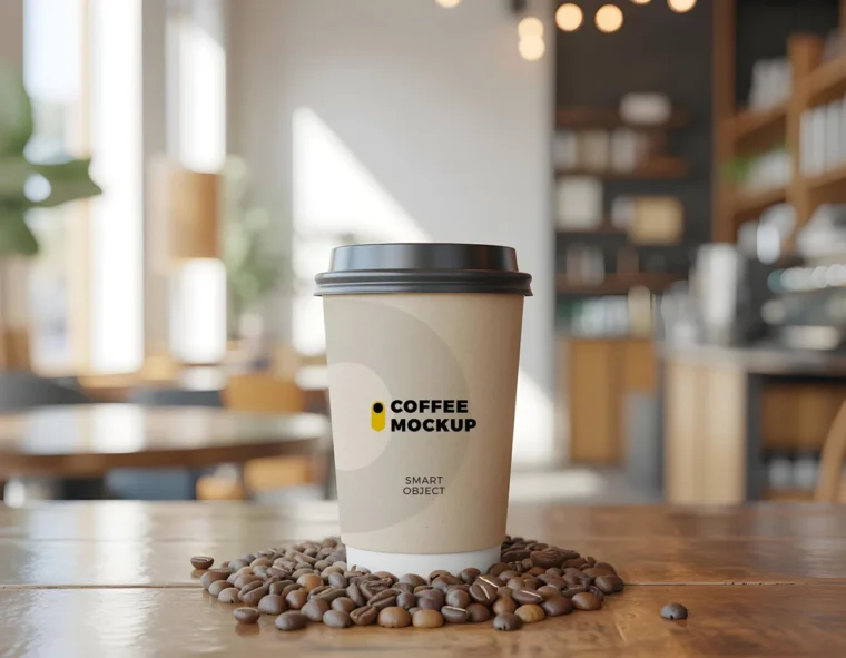 Coffee paper cup mockup on wooden table with beans in a cozy café scene