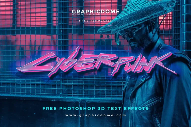 Cyberpunk text effect PSD with neon glow and futuristic style, smart object editable design.