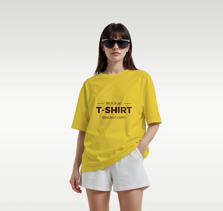 Female model wearing a plain t-shirt for showcasing design in a free fashion t-shirt mockup PSD.