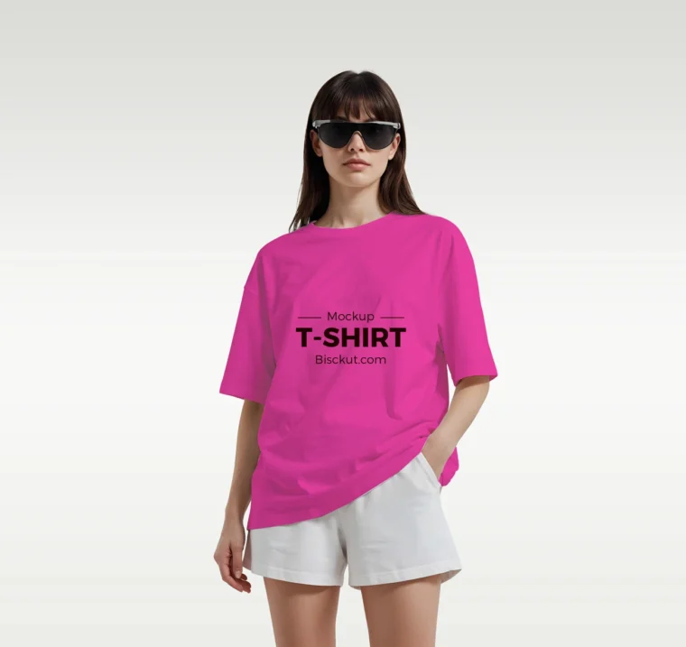 Changeable t-shirt color mockup PSD featuring a female fashion model in a realistic studio scene.