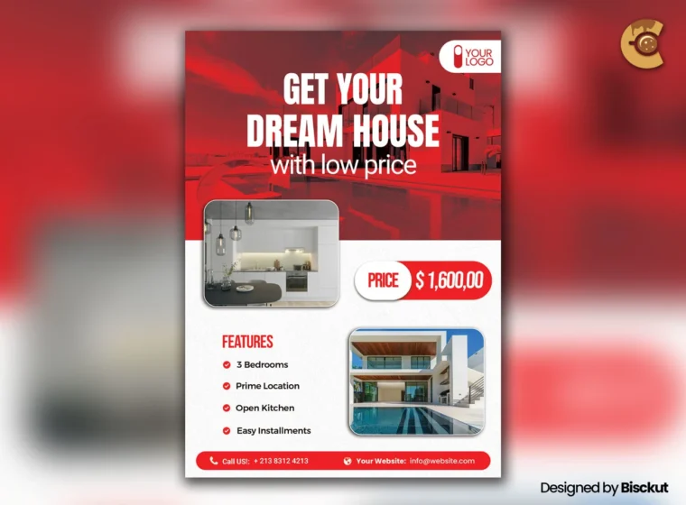 House Promotional Flyer PSD for real estate listings, A4 size, CMYK, print-ready and editable.