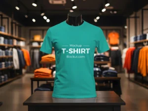 T-shirt mockup on a mannequin in a shop with editable design and color using smart object in Photoshop.