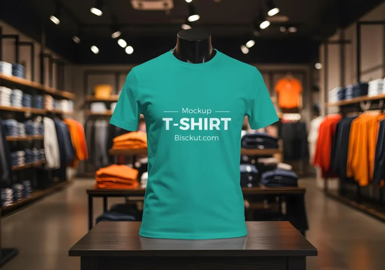 T-shirt mockup on a mannequin in a shop with editable design and color using smart object in Photoshop.