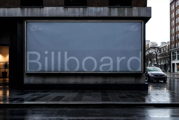 Modern billboard mockup PSD with dramatic city background and wet pavement