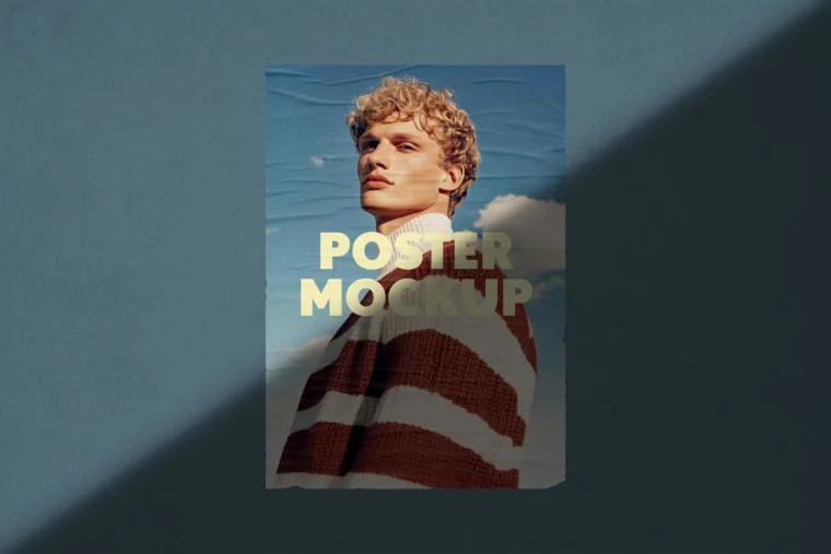 Free poster mockup with crumpled texture and shadow overlay, perfect for showcasing realistic design presentations.