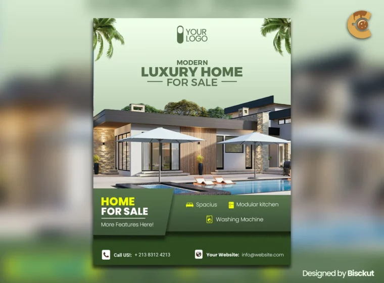 Real estate flyer template PSD for house listings and open house promotions.