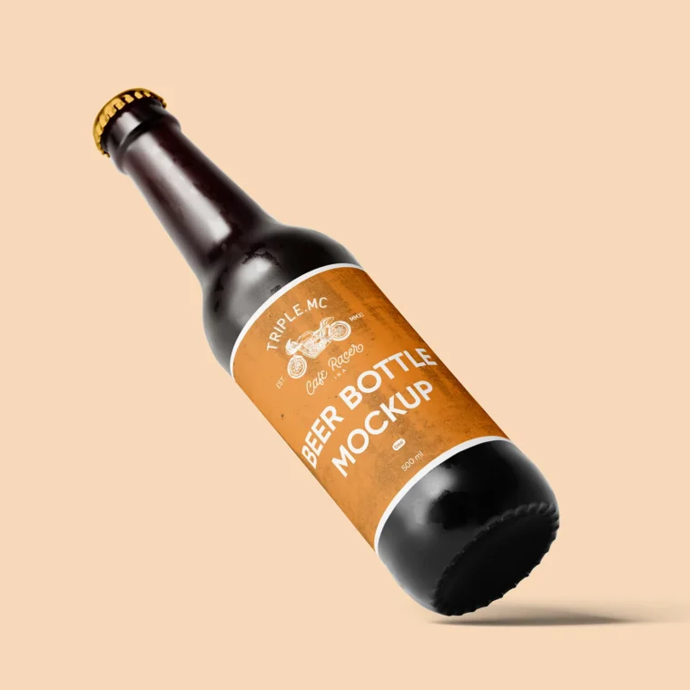 Realistic beer bottle mockup PSD with editable label, condensation texture, and customizable background.