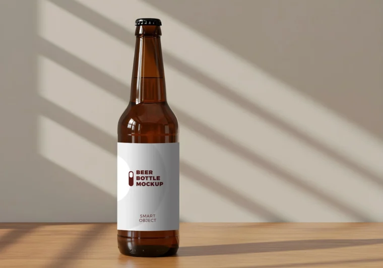 Realistic beer bottle mockup on wooden table