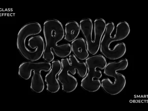 Glossy glass text effect with retro Y2K style and bold, high-shine bubble lettering.