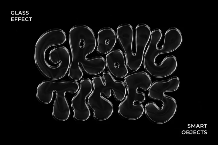Glossy glass text effect with retro Y2K style and bold, high-shine bubble lettering.