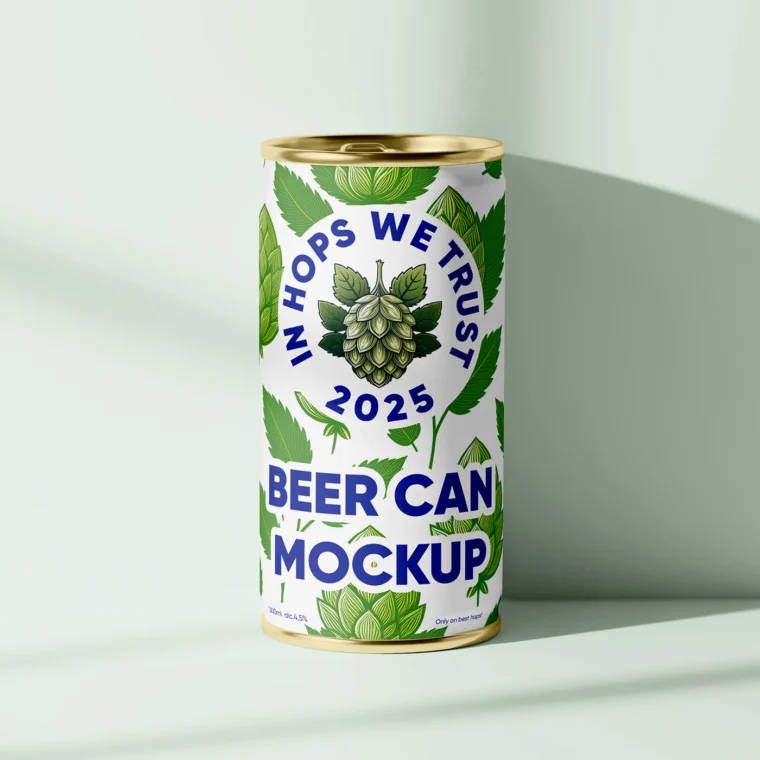 Small beer can mockup PSD with realistic shadows and editable Smart Object for label design