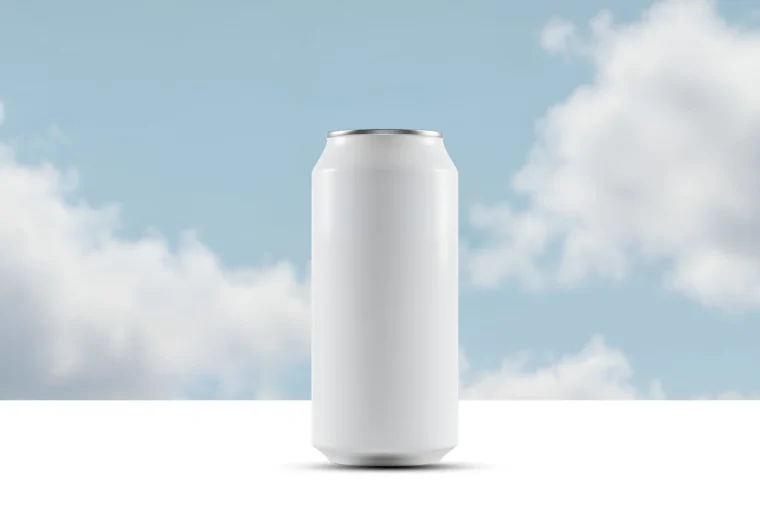Blank white soda can mockup on sky background with realistic lighting, ready for custom label design