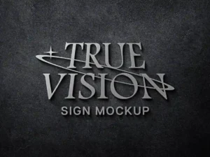 Signboard logo mockup with silver metallic embossing on concrete wall