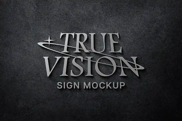 Signboard logo mockup with silver metallic embossing on concrete wall